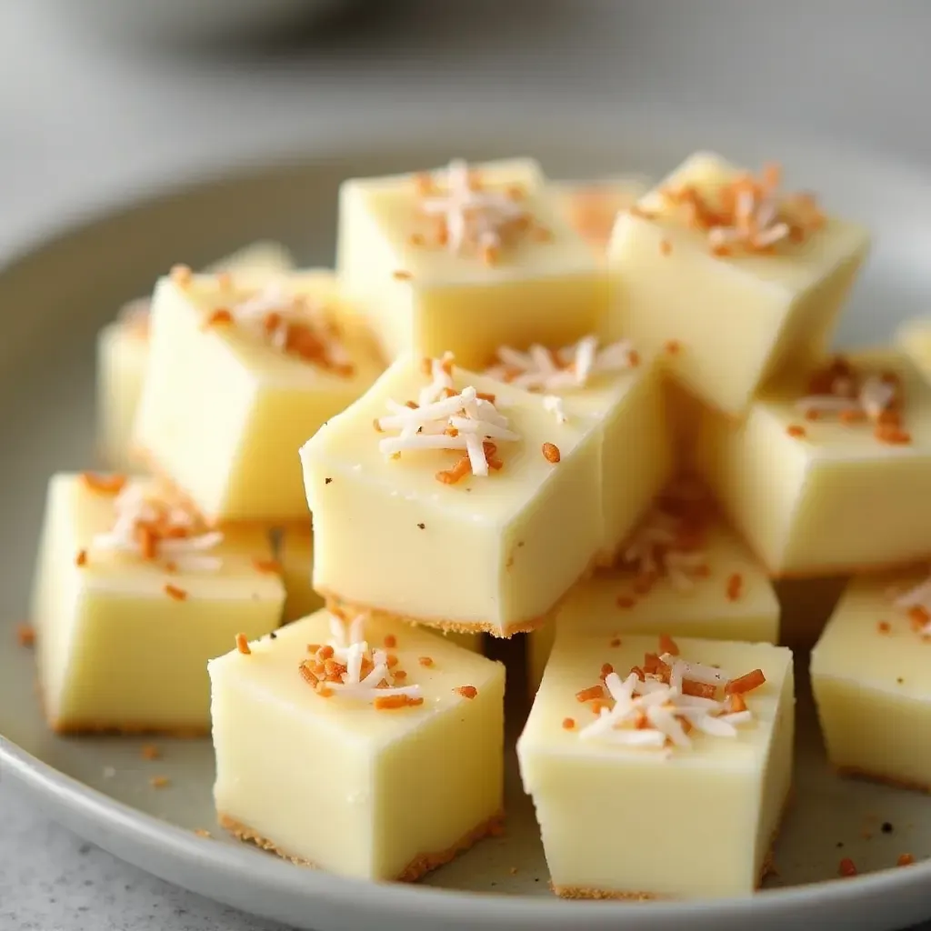 a photo of Thai taro custard in small bite-sized pieces, topped with shredded coconut.