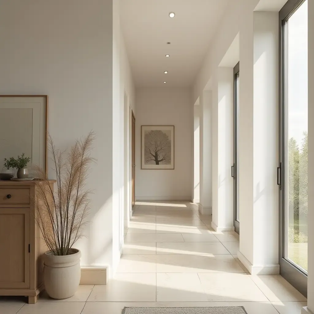 a photo of a light-filled hallway with a mix of textures and natural decor