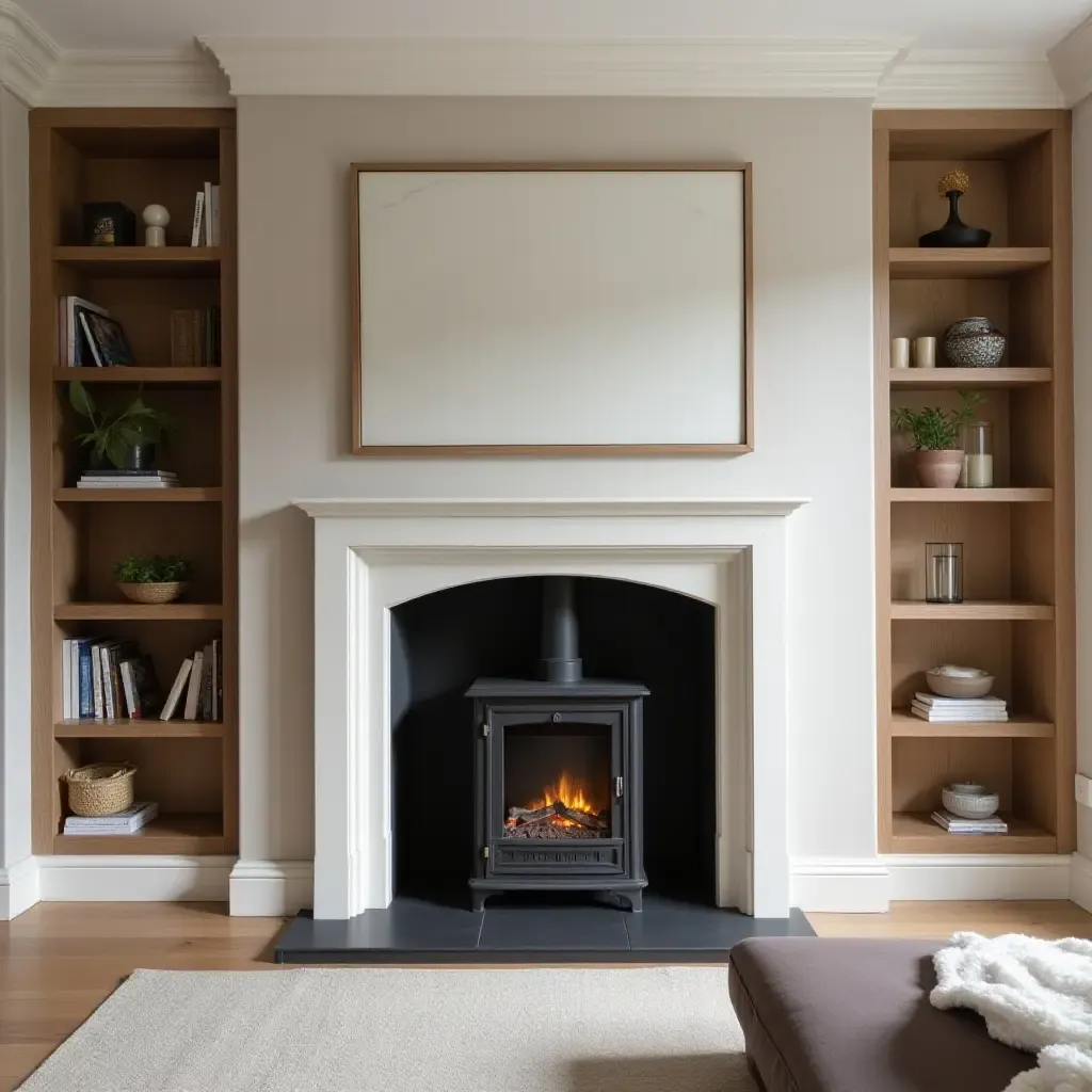 a photo of a fireplace surround that doubles as a bookshelf