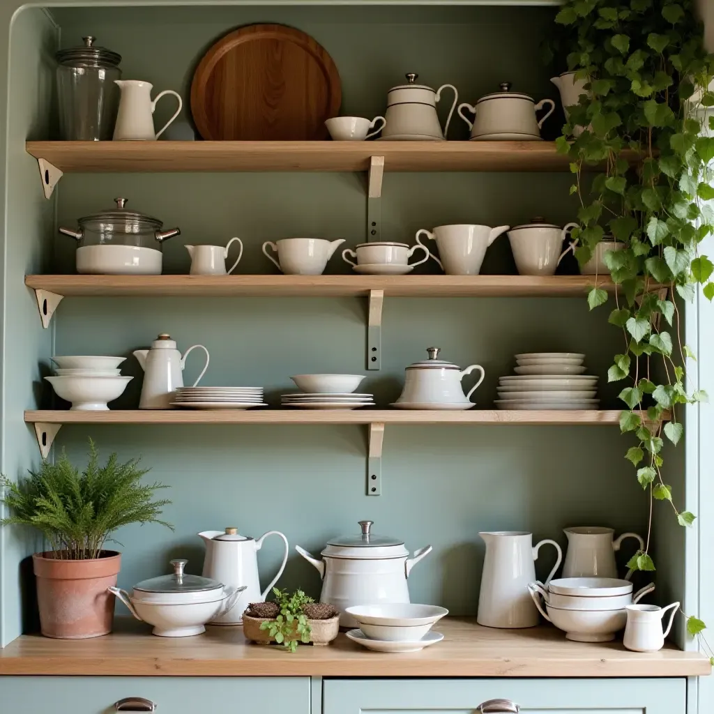 a photo of vintage kitchenware displayed on open shelves with greenery