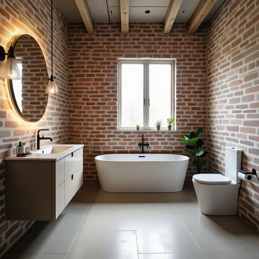 a photo of a bathroom with exposed brick walls