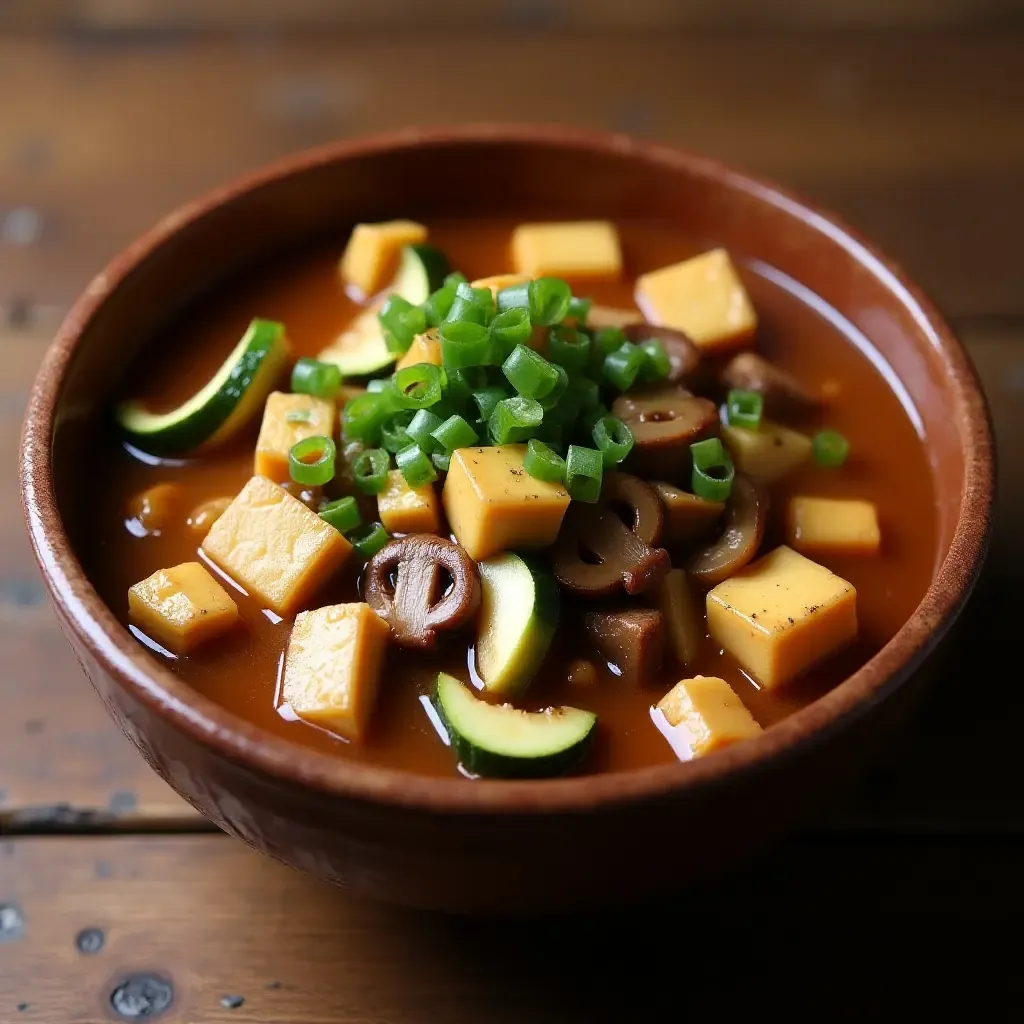 a photo of hearty doenjang jjigae with tofu, zucchini, and mushrooms in a rustic earthenware bowl.