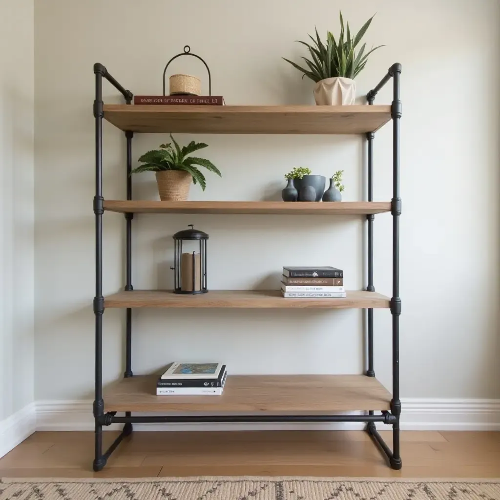 a photo of a room featuring DIY metal pipe shelving