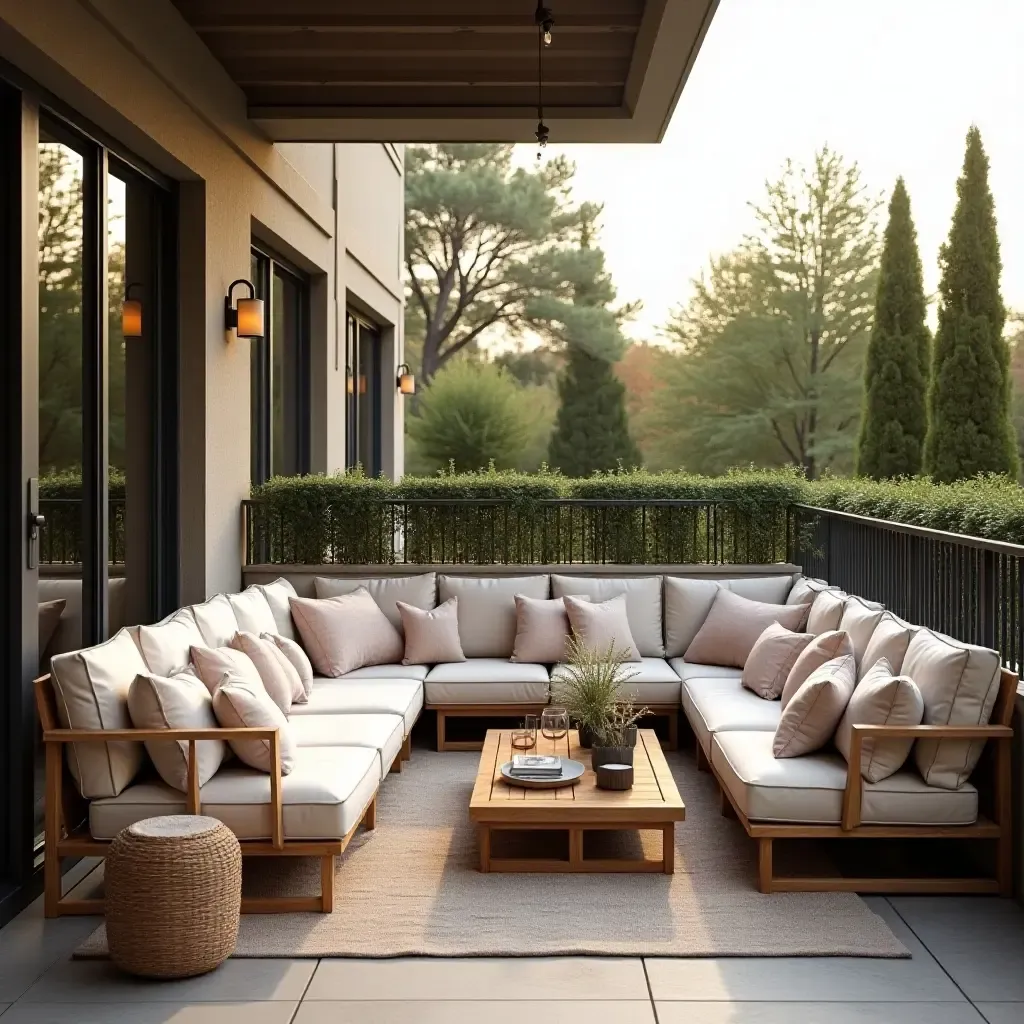 a photo of a balcony with throw pillows styled for a party