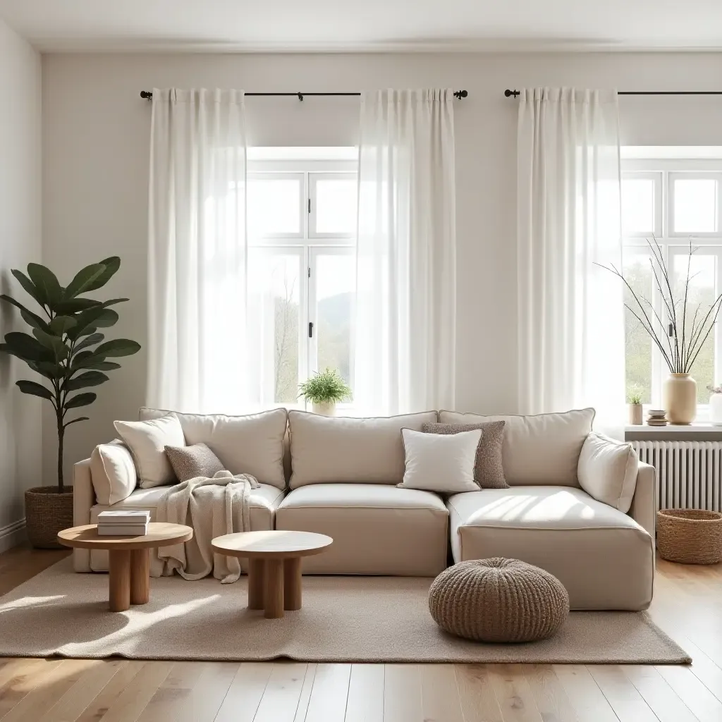 a photo of a bright Scandinavian living room with a mix of soft textiles and natural materials