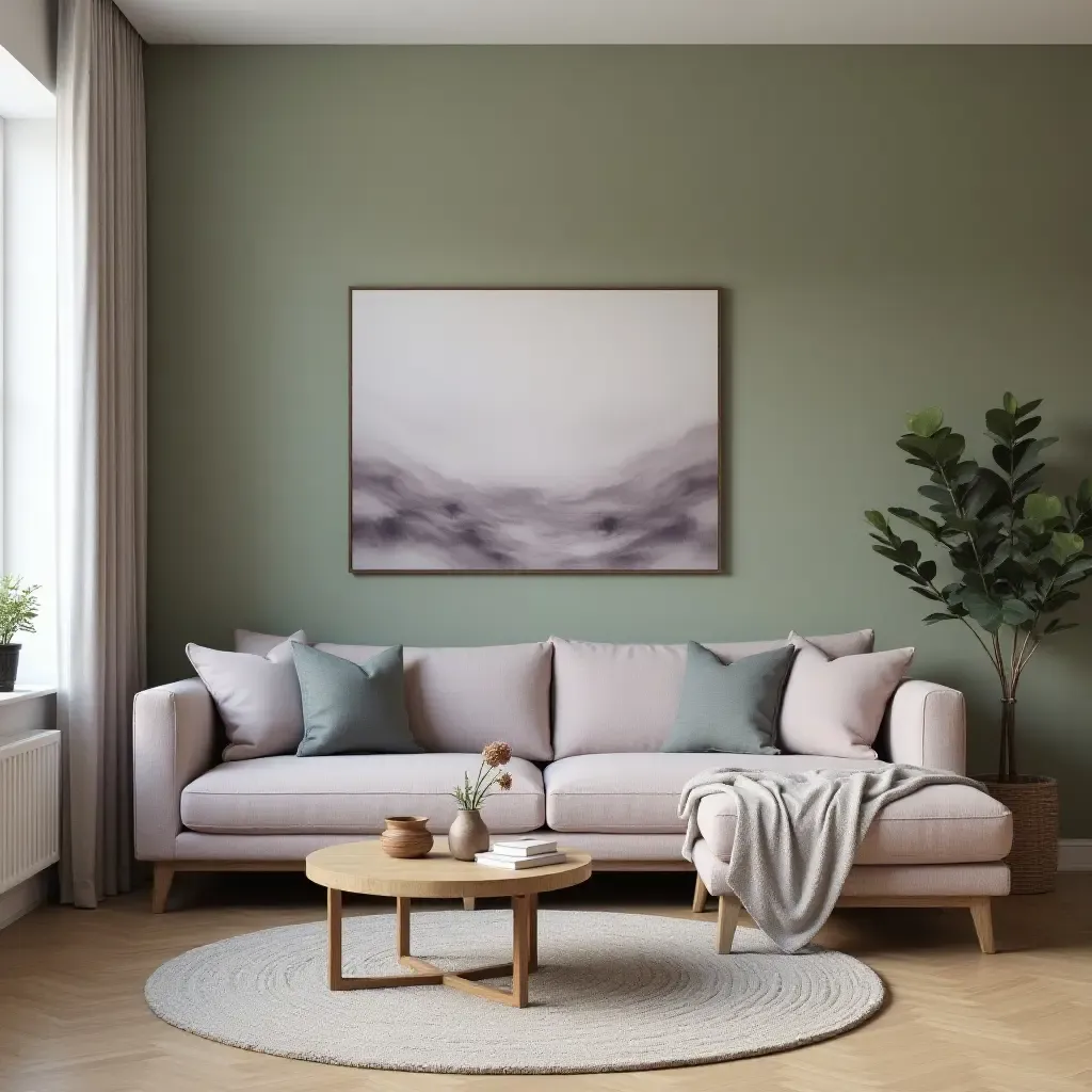 a photo of a serene living room with lavender and sage green