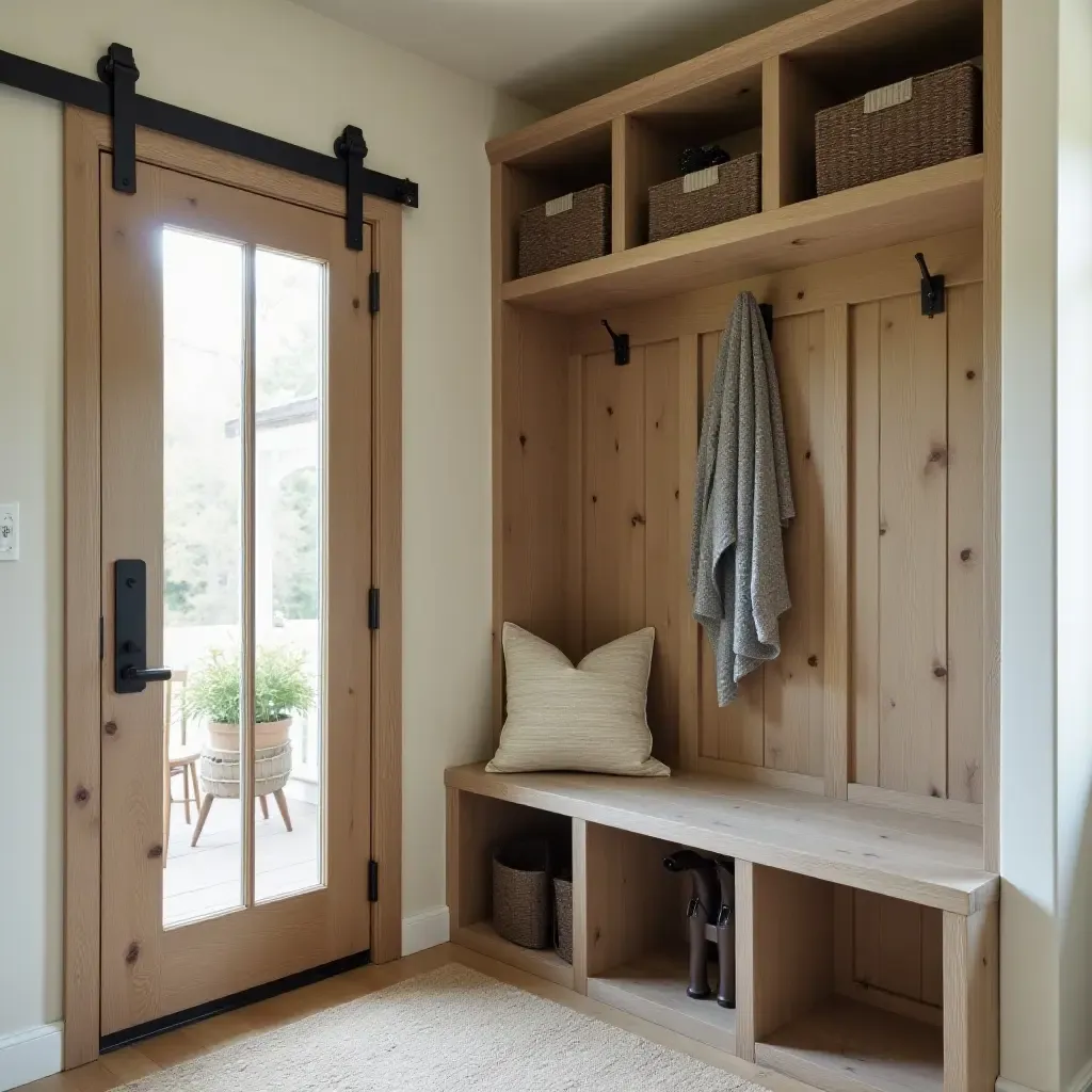 a photo of a rustic mudroom with a sliding door and practical storage solutions