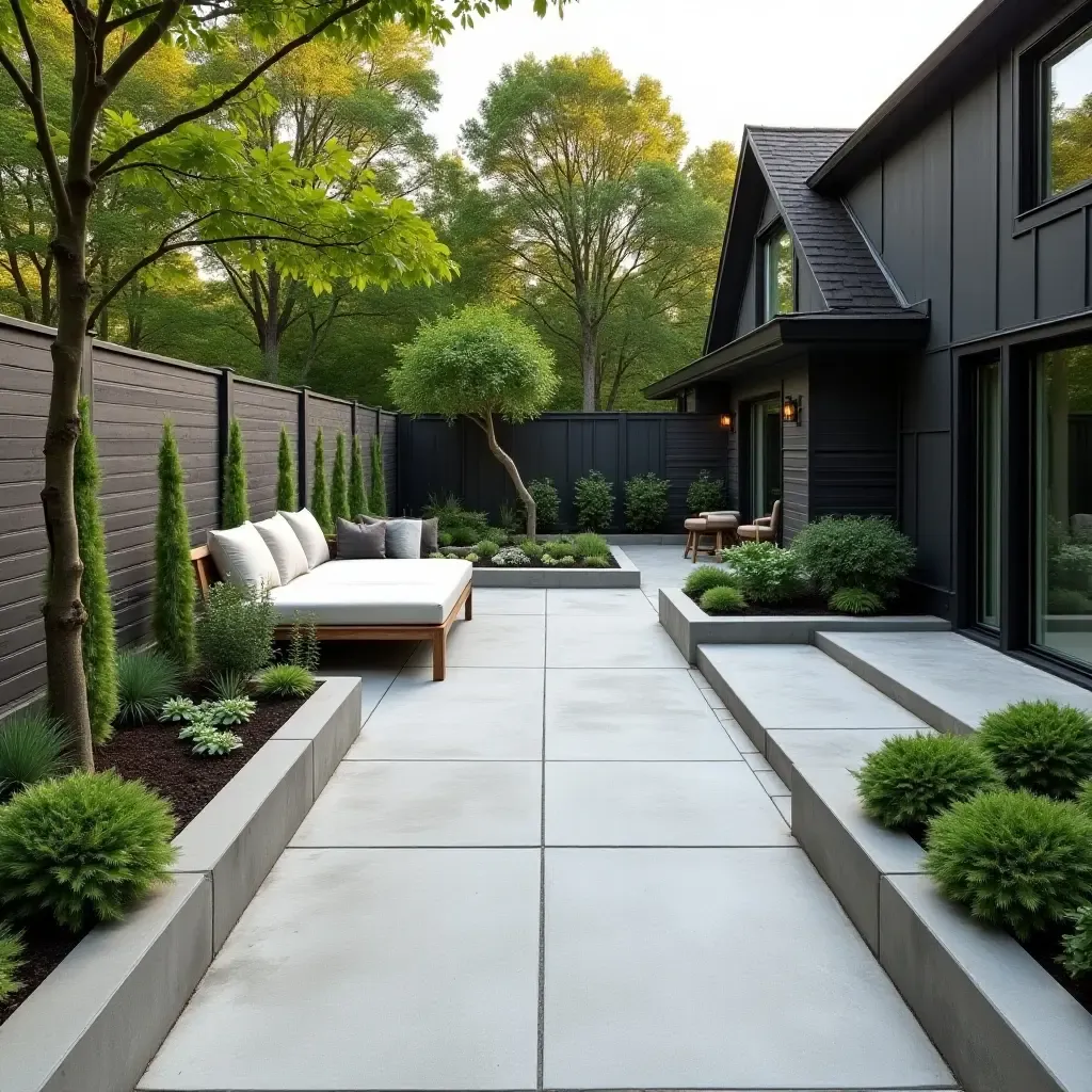 a photo of a modern concrete patio with integrated planters and seating areas