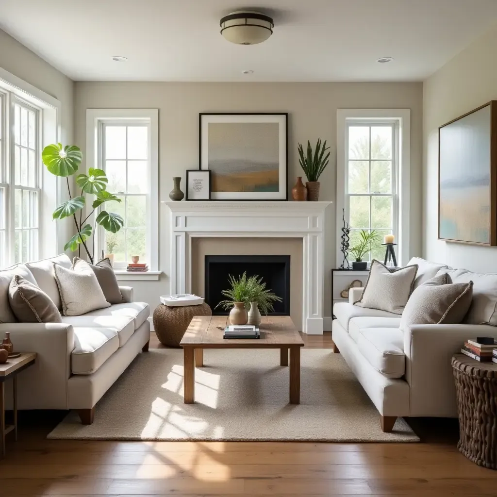 a photo of a welcoming living room with soft lighting and farmhouse accents