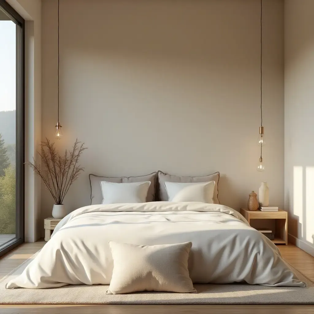 a photo of a serene bedroom with a meditation corner and soft cushions