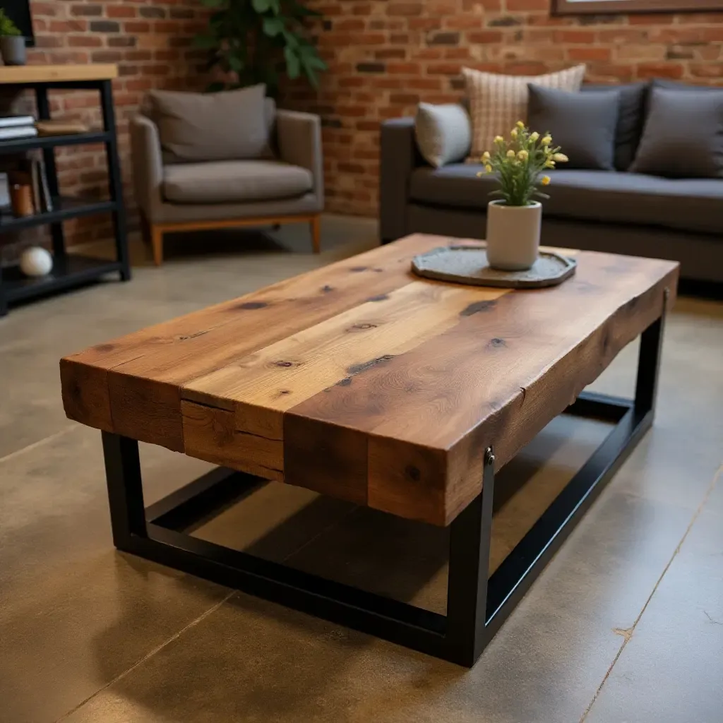 a photo of a reclaimed wood coffee table surrounded by industrial-style furniture in a basement