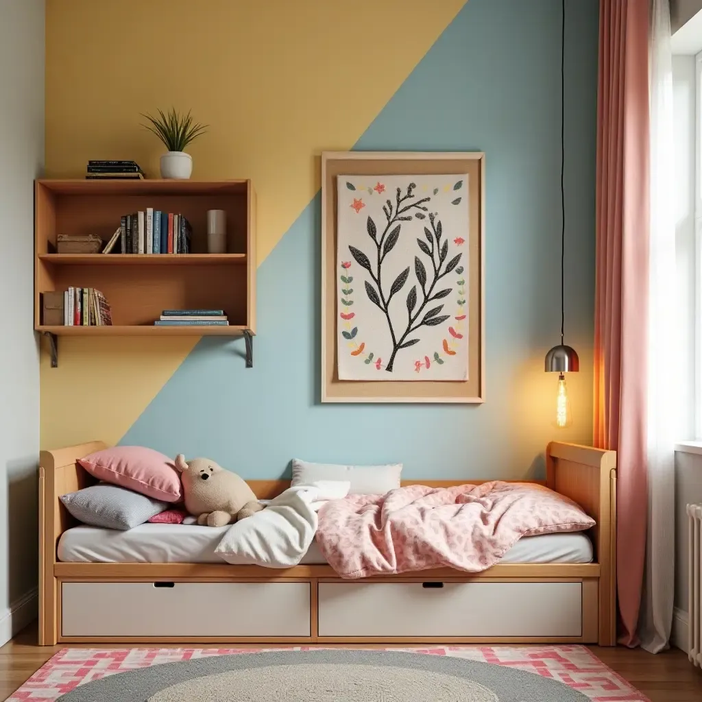 a photo of a vibrant kids&#x27; bedroom with fabric wall art, wooden shelves, and metallic light fixtures