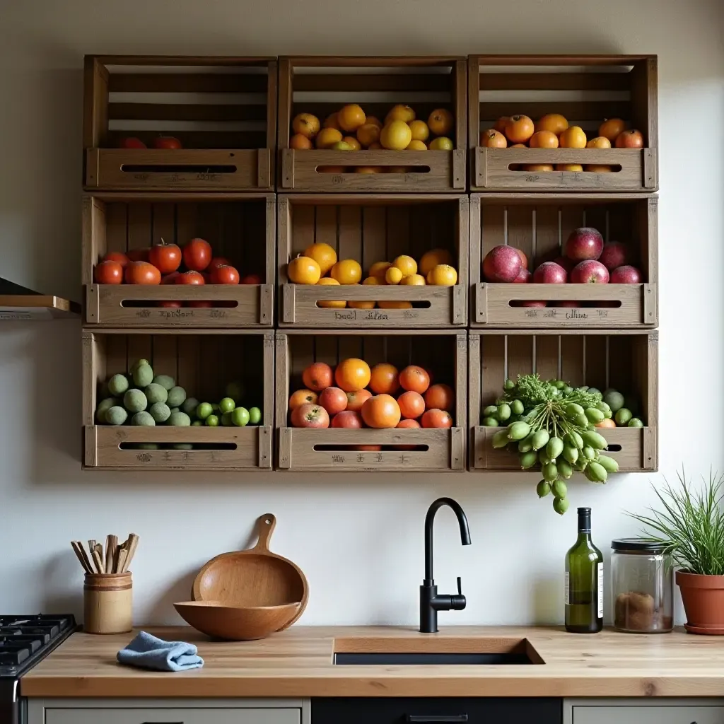 a photo of a vintage fruit crate wall display in a rustic kitchen