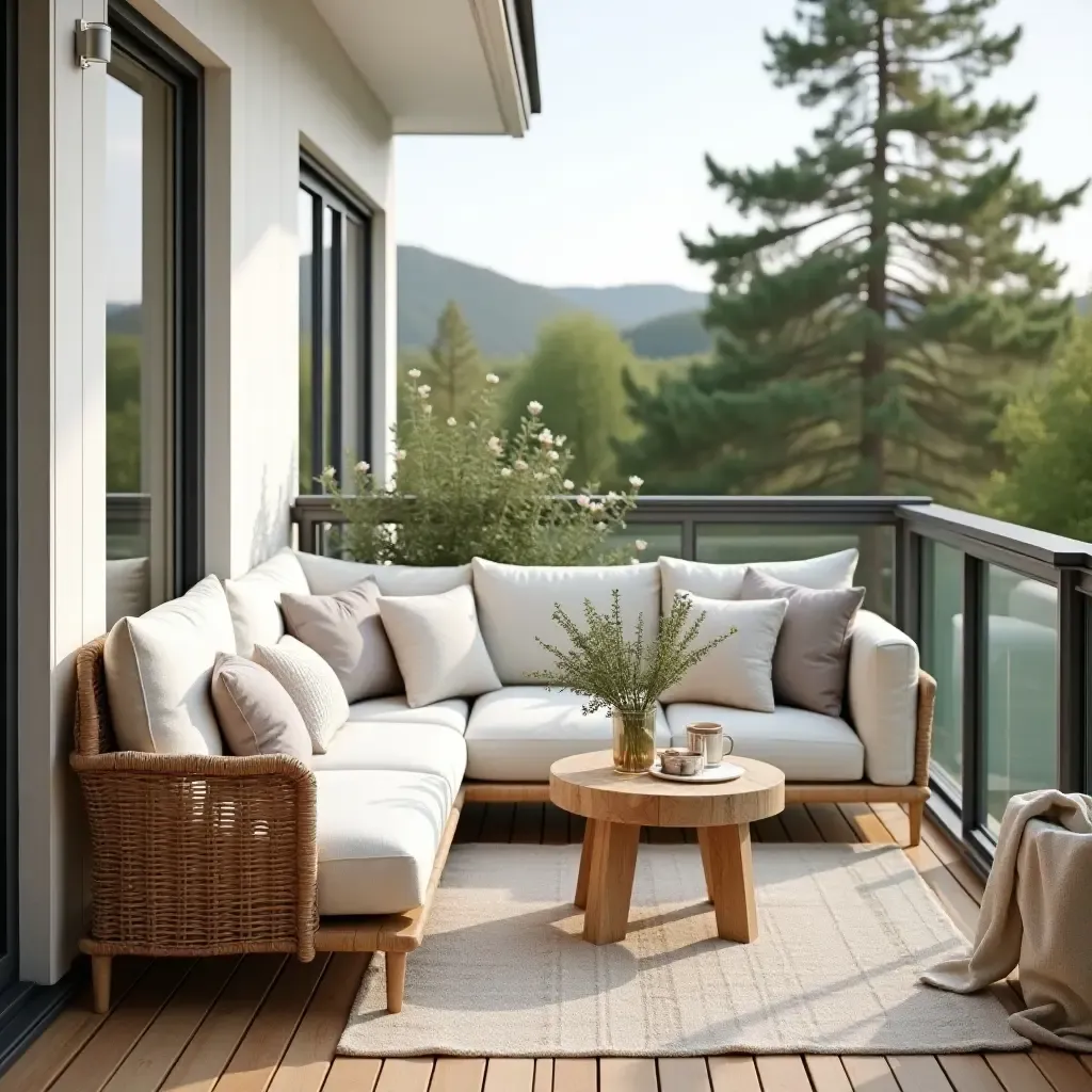 a photo of a balcony with throw pillows inspired by nature