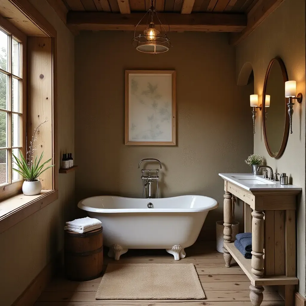 a photo of a rustic bathroom featuring reclaimed wood and vintage accents