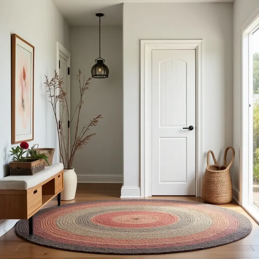 a photo of a colorful braided rug adding warmth to a cozy entryway