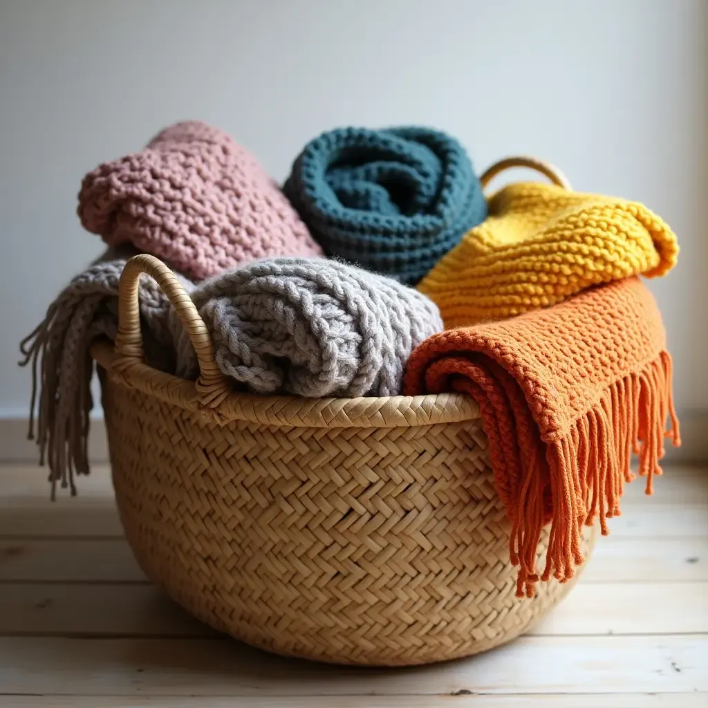 a photo of a woven basket filled with colorful blankets and throws