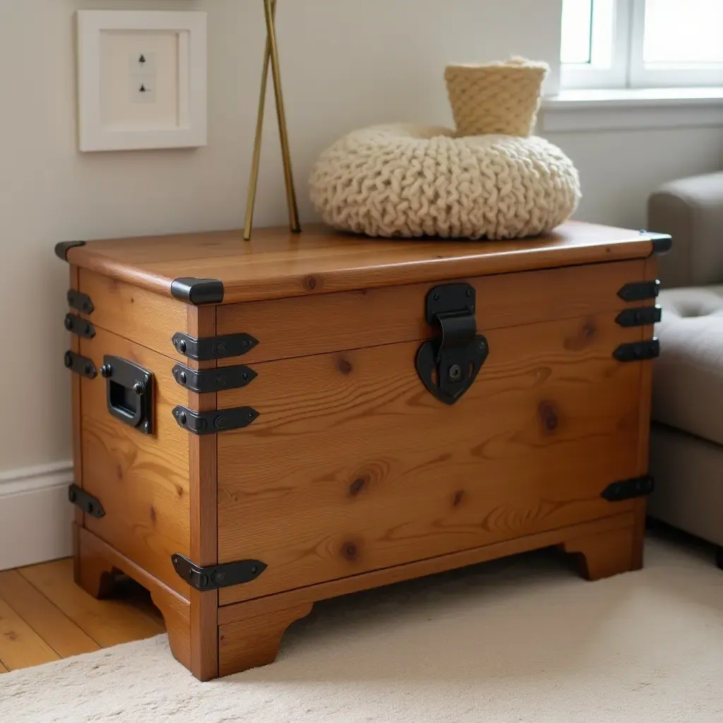 a photo of a wooden trunk used as a storage solution