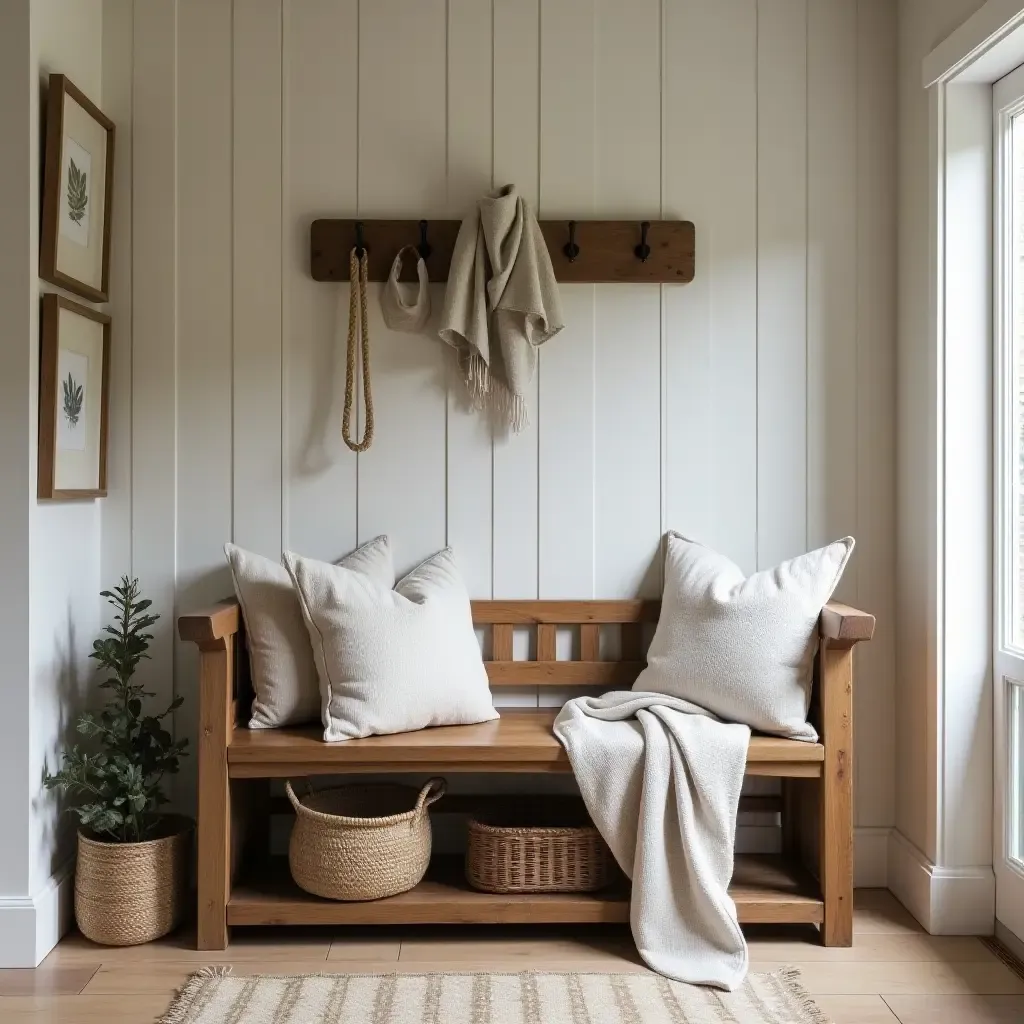 a photo of a rustic entrance hall featuring a farmhouse bench and cozy blankets