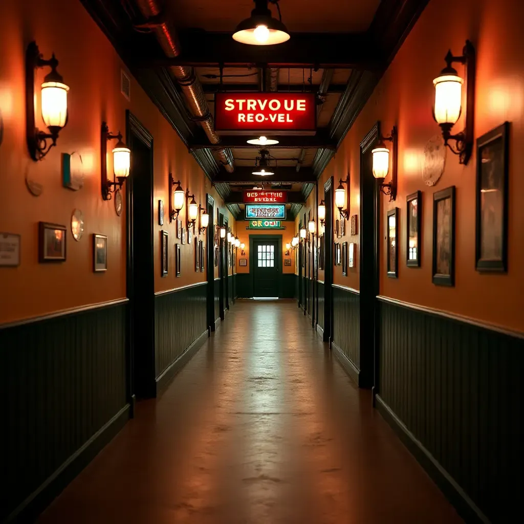 a photo of a corridor decorated with vintage industrial signage