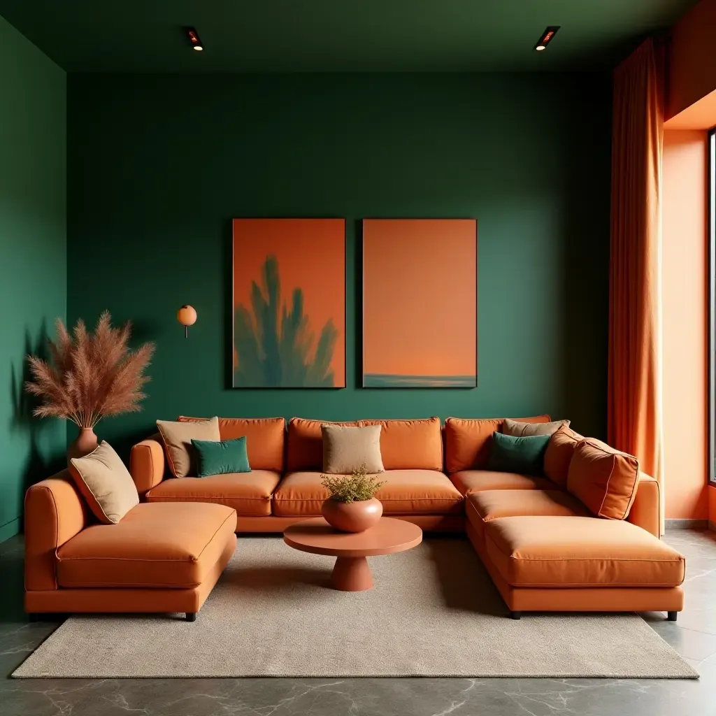 a photo of an artistic living room with dark green murals and burnt orange sculptures