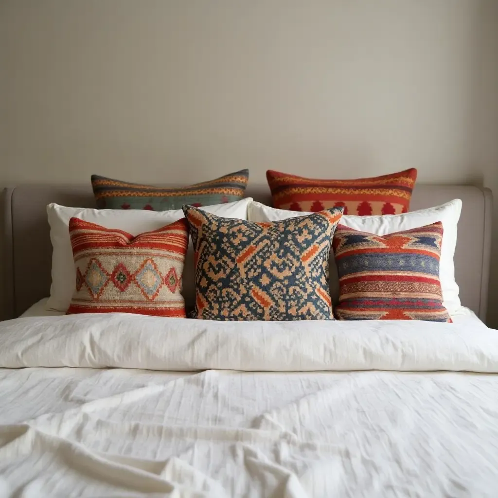 a photo of a bed with neutral linens and colorful bohemian throw pillows