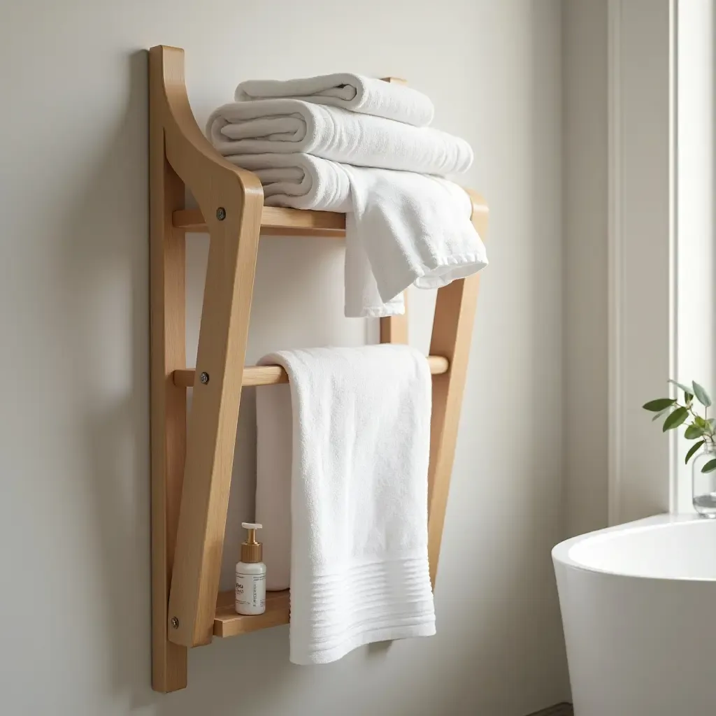 a photo of a wooden towel rack with neatly folded towels in a bathroom