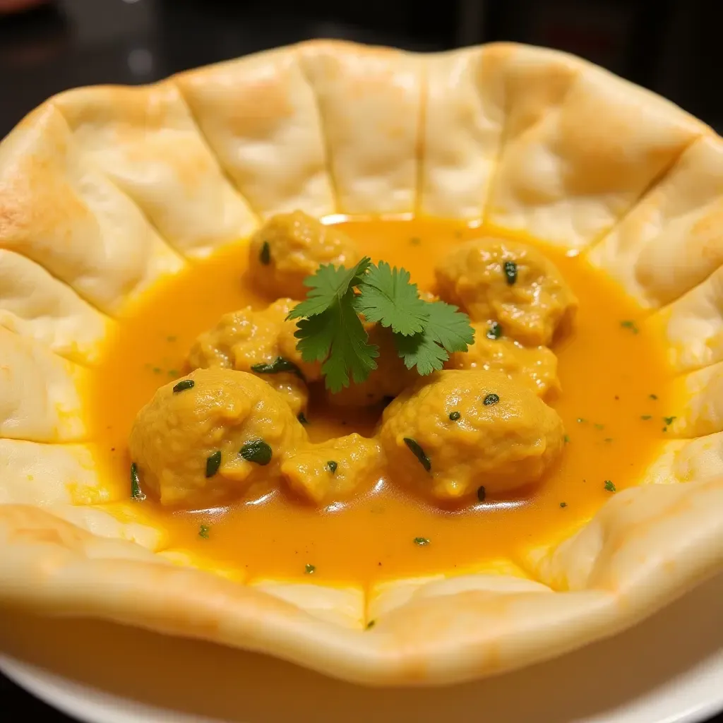 a photo of flaky, buttery malabar parotta with chicken curry, garnished with cilantro.