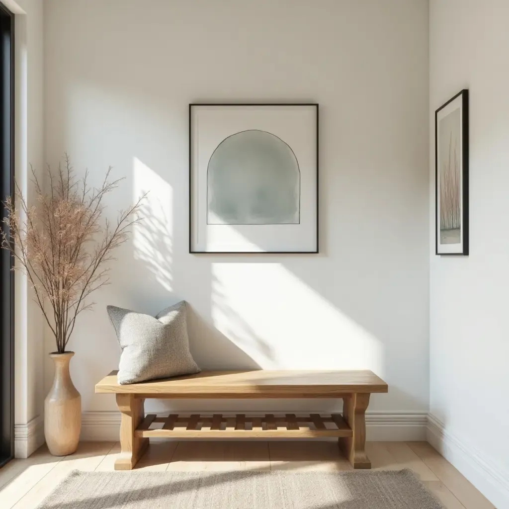 a photo of a simple yet stylish entrance with a wooden bench and wall art