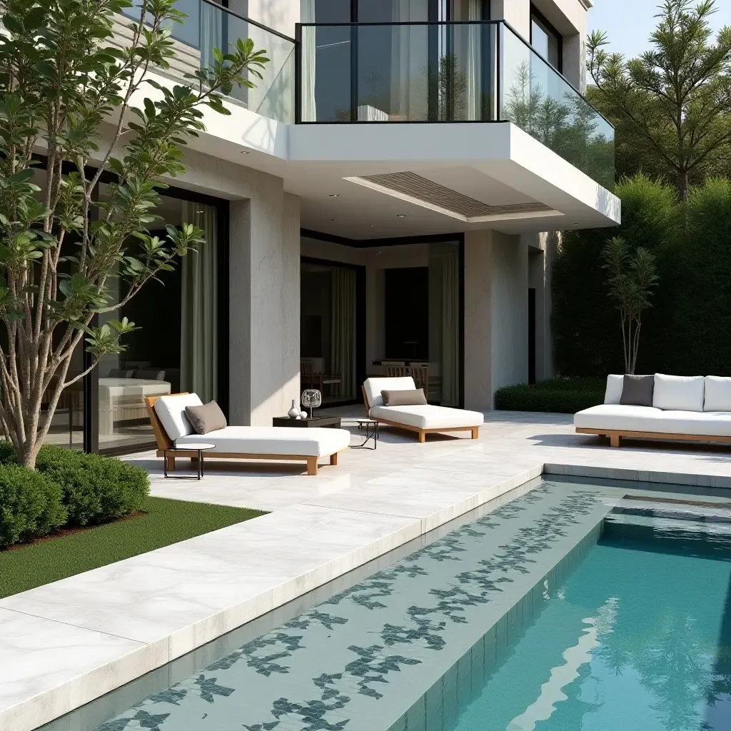 a photo of a chic marble pool deck with artistic tiles, modern furniture, and lush landscaping