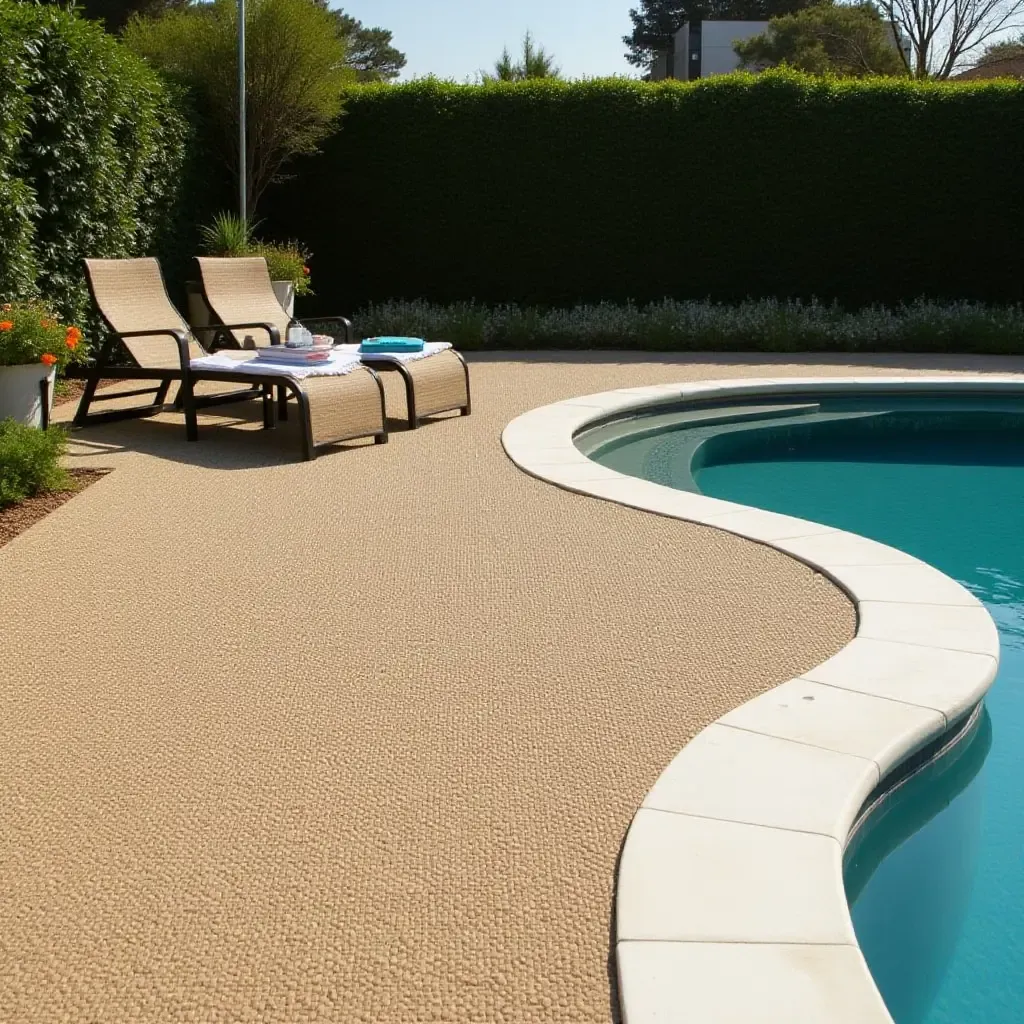 a photo of a woven jute rug adding texture to the pool area