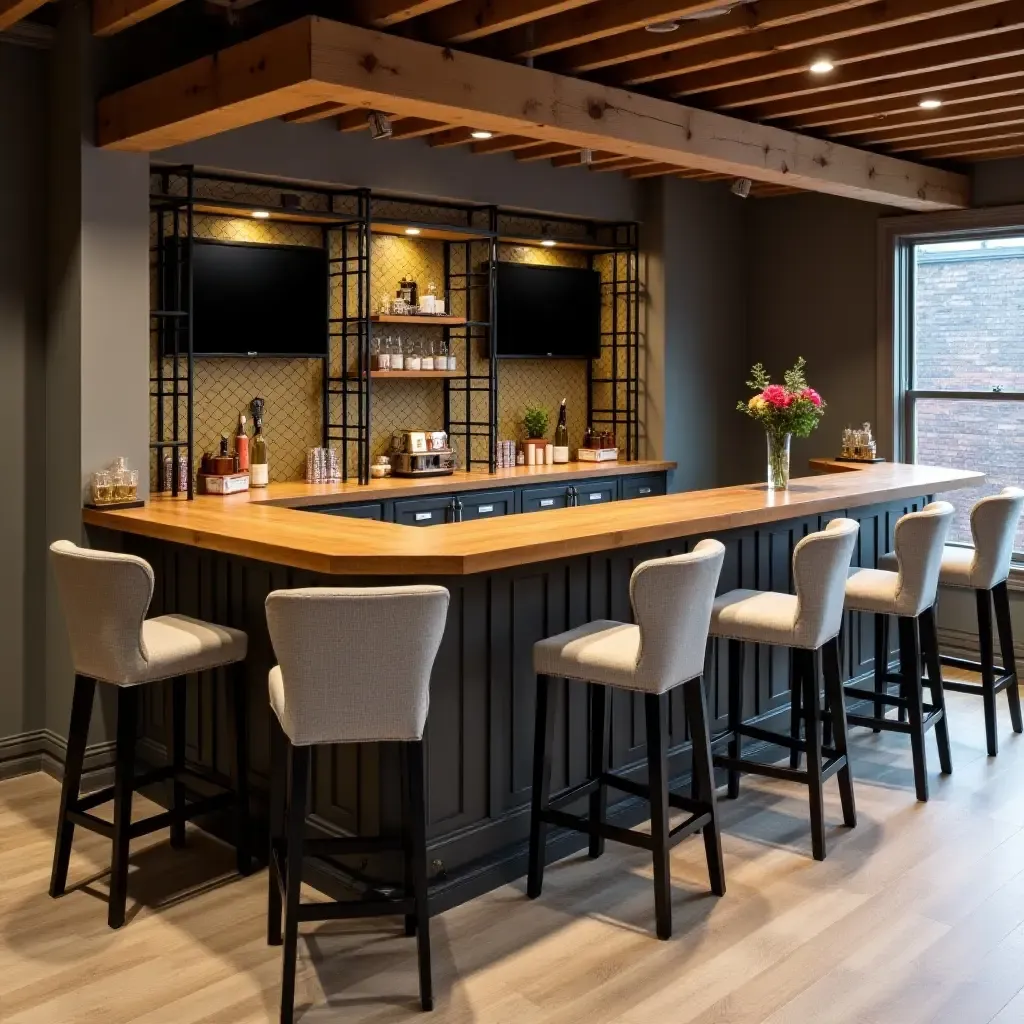 a photo of a basement bar area with fabric barstools, wooden countertops, and metal shelving