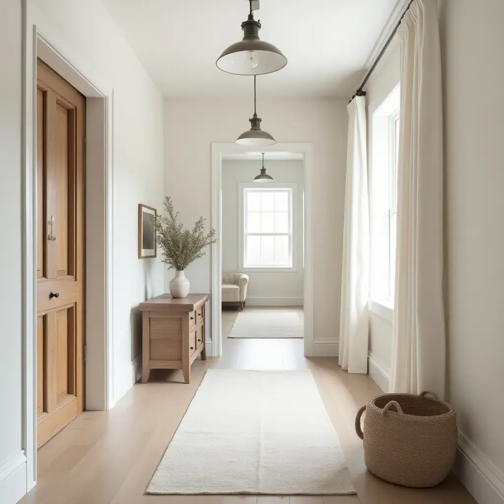 a photo of a serene hallway featuring soft textiles and farmhouse decor