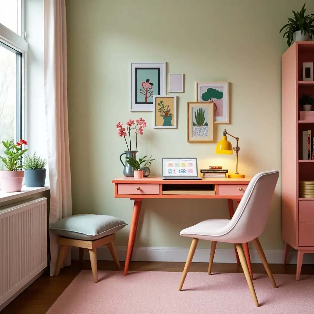 a photo of a vibrant kids&#x27; room integrating a vintage desk with modern accessories