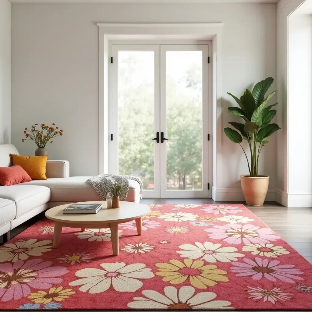 a photo of a striking floral rug in a bright, cheerful living area