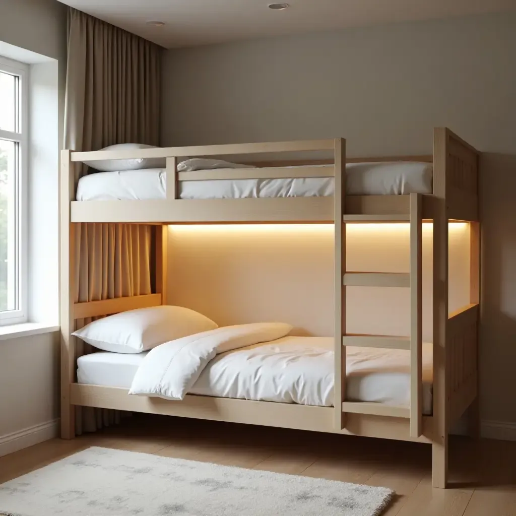 a photo of a minimalist Scandinavian bunk bed with soft lighting