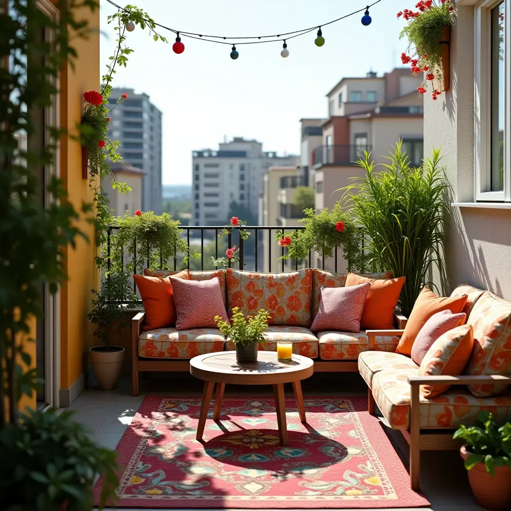 a photo of a colorful balcony with patterned cushions and vibrant plants