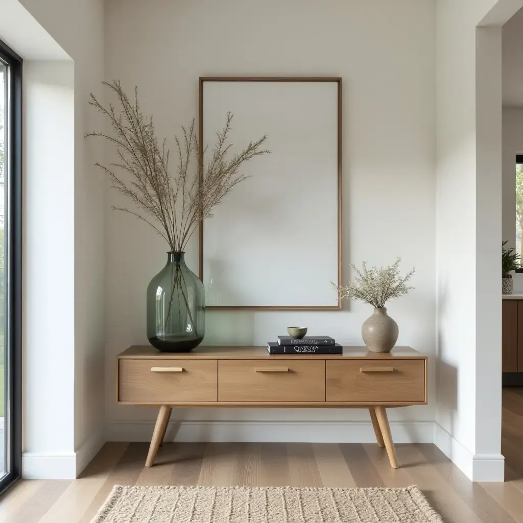 a photo of a contemporary entryway with a glass terrarium on a console