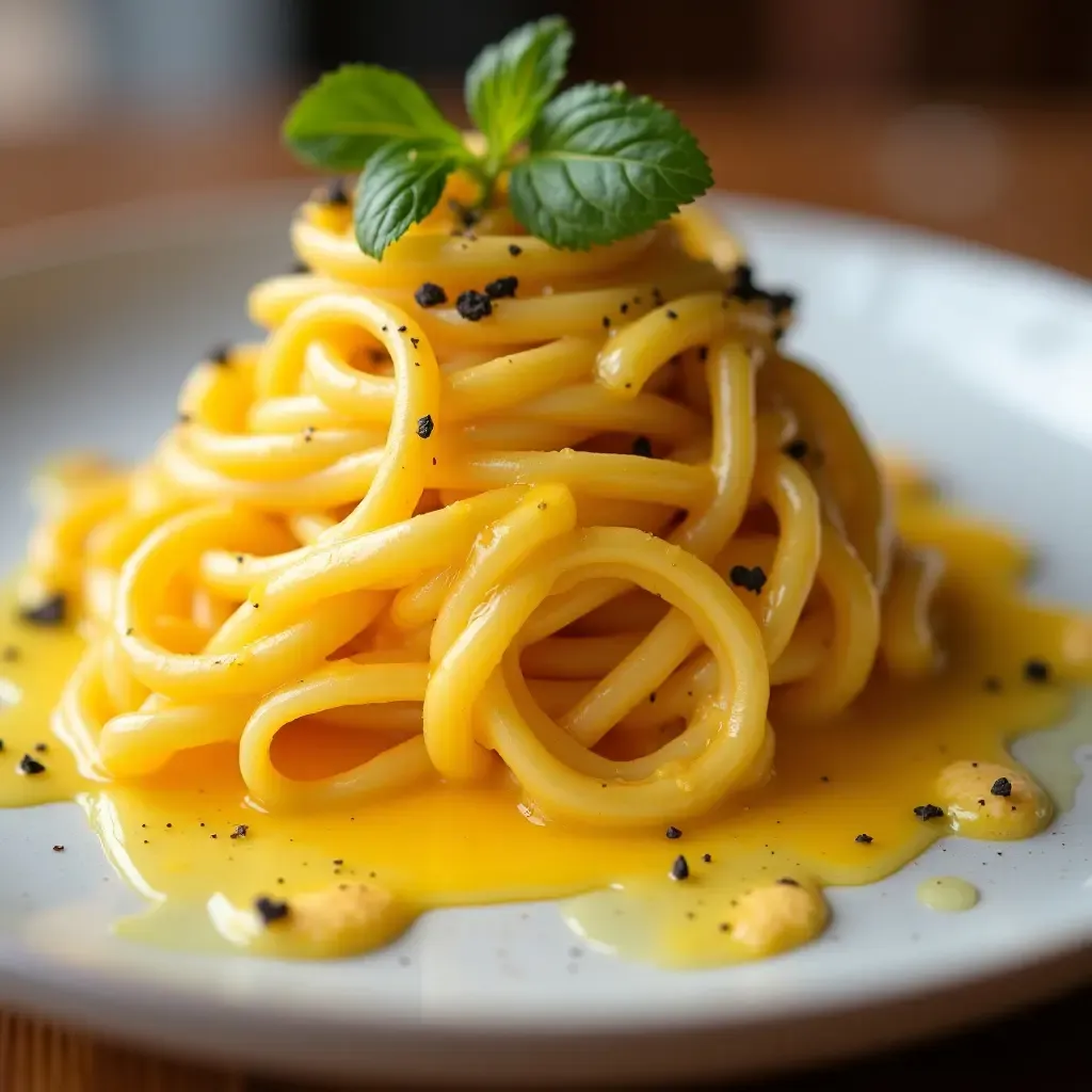 a photo of a vibrant pasta dish with a unique egg yolk sauce drizzled over it.