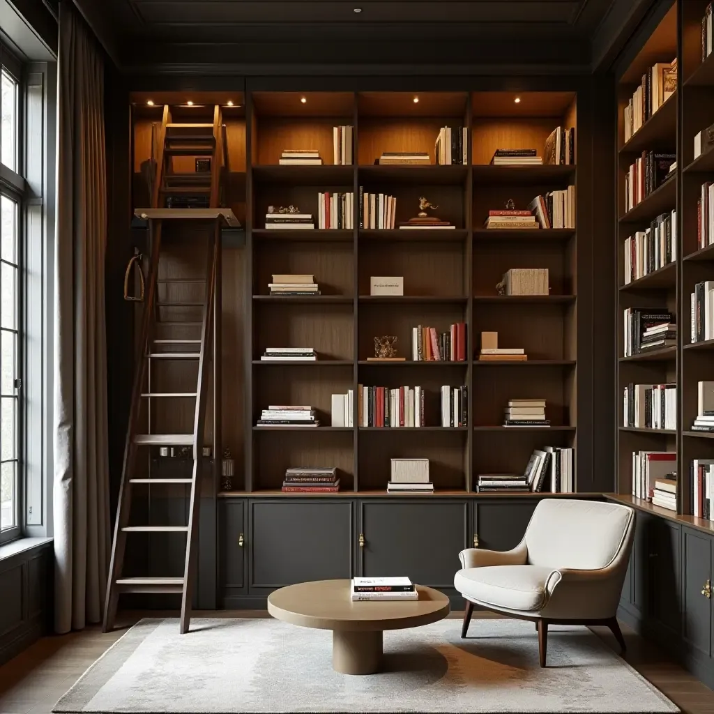 a photo of a chic library with a ladder for reaching high shelves