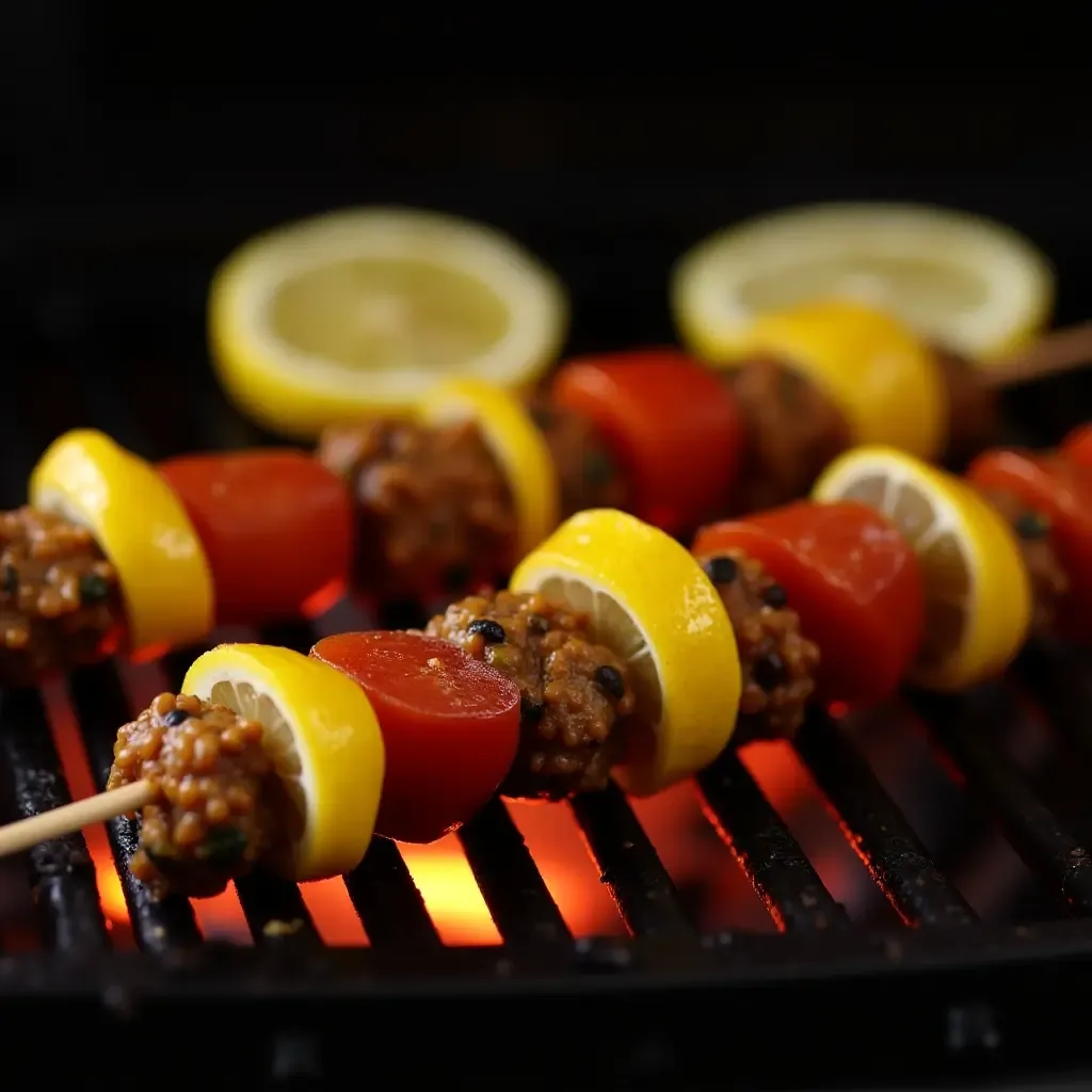 a photo of lentil kebabs sizzling on a grill with lemon wedges.