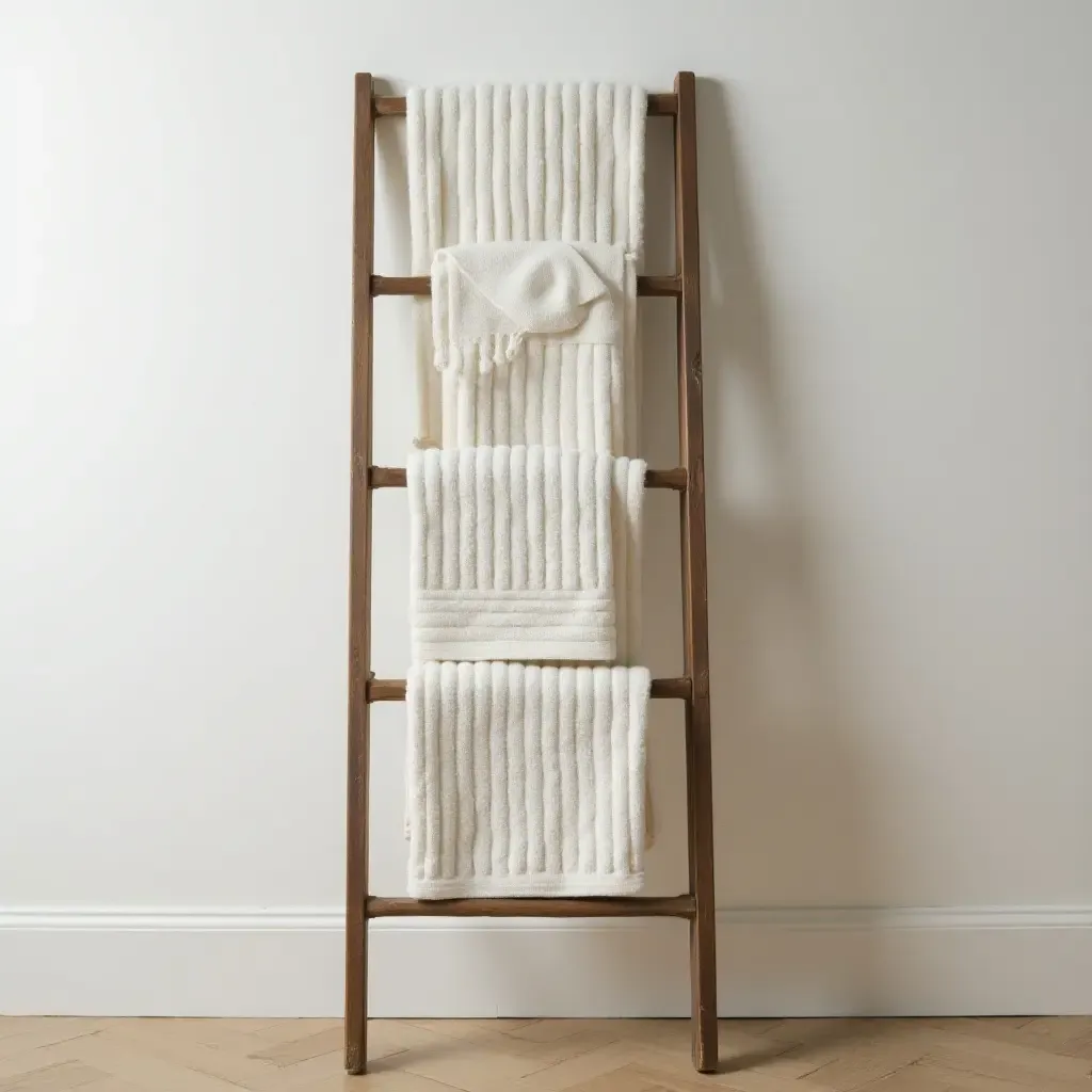 a photo of a vintage ladder used for towel storage