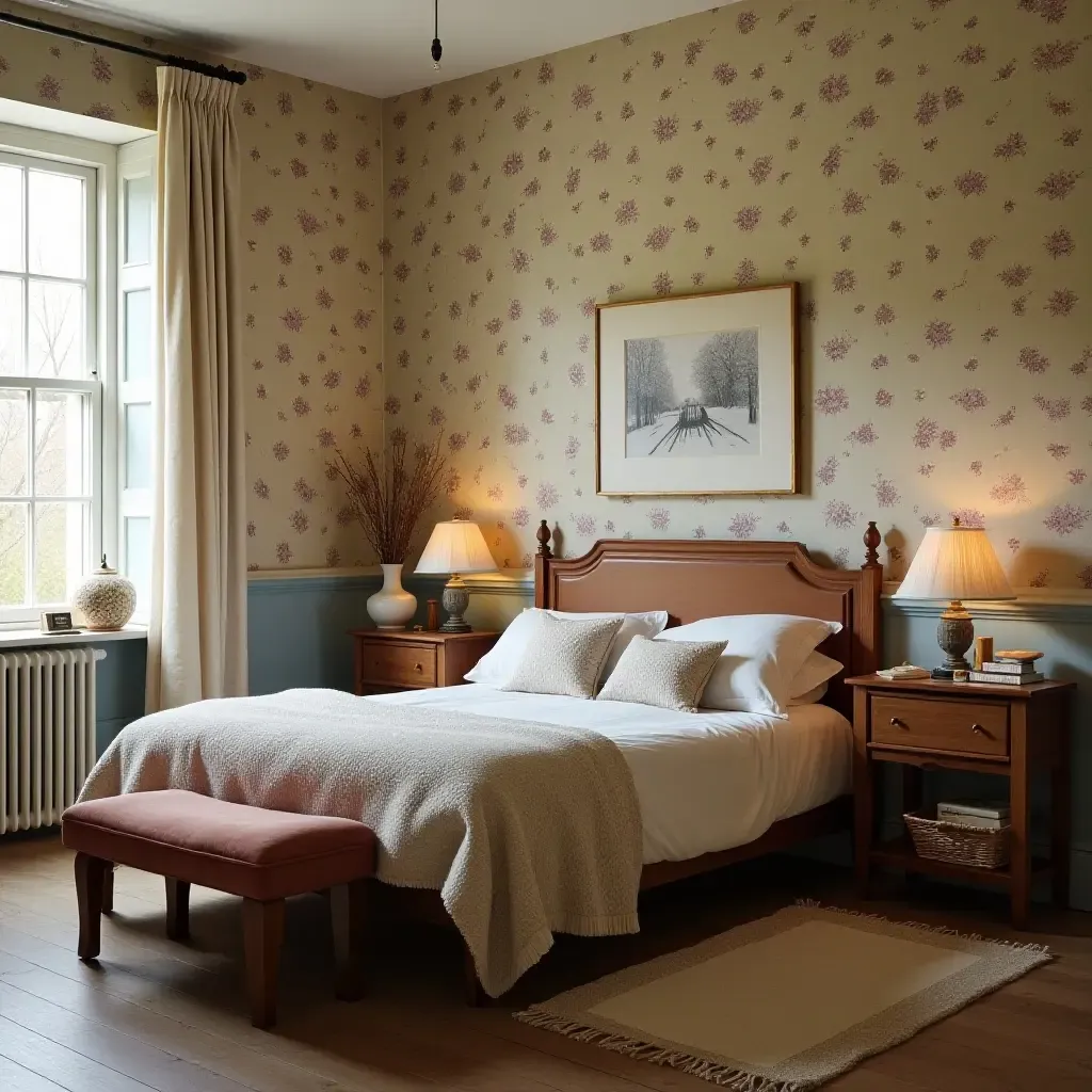 a photo of a vintage-inspired bedroom with floral wallpaper and rustic furniture