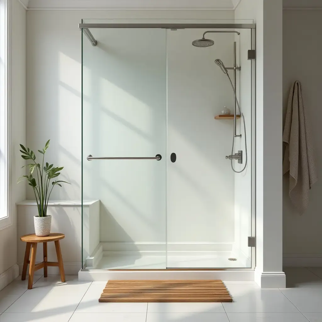 a photo of a wooden shower mat next to a glass shower enclosure