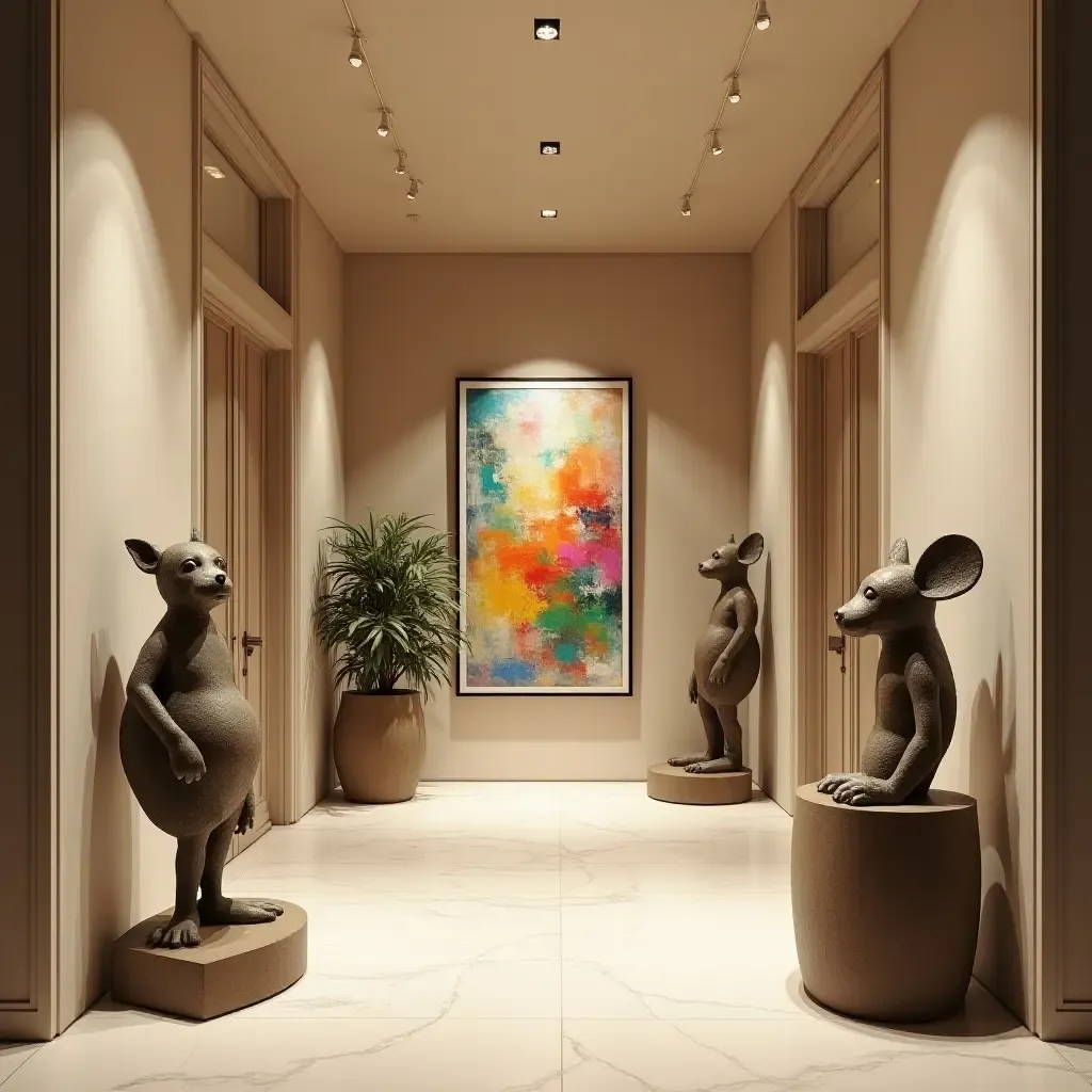 a photo of an entrance hall adorned with playful sculptures and vibrant artwork