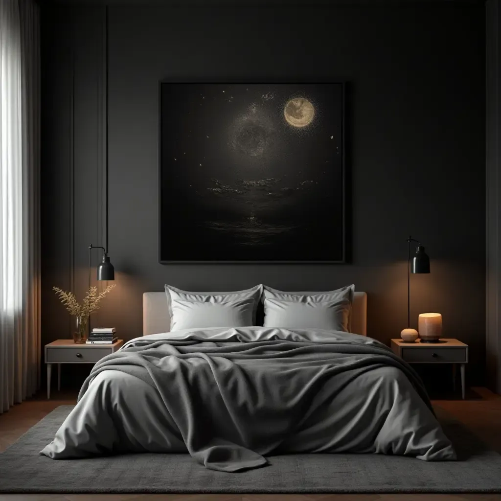 a photo of a dark, moody art piece above the bed for focal interest