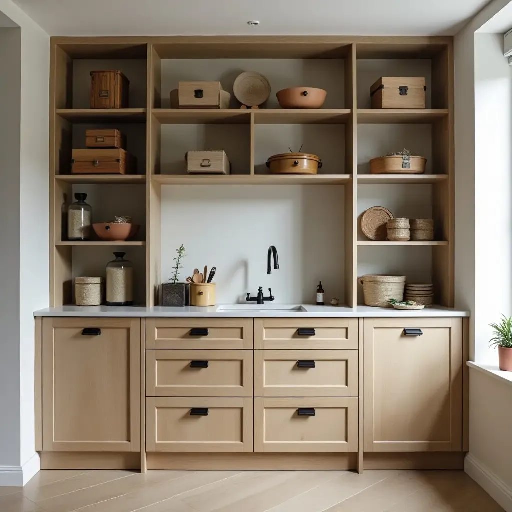 a photo of a pantry showcasing a blend of modern and vintage storage ideas