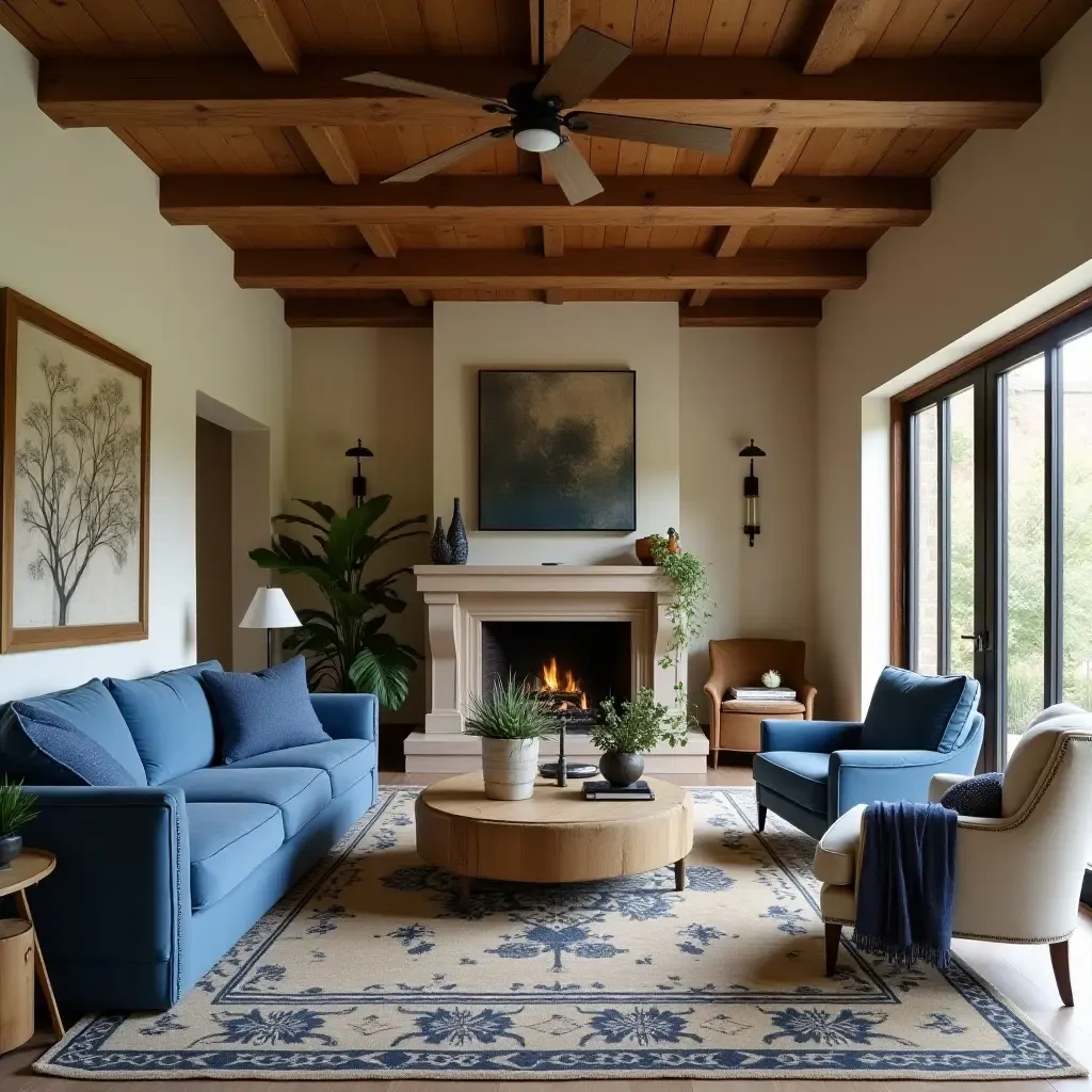 a photo of a rustic living room featuring warm earth tones and blue