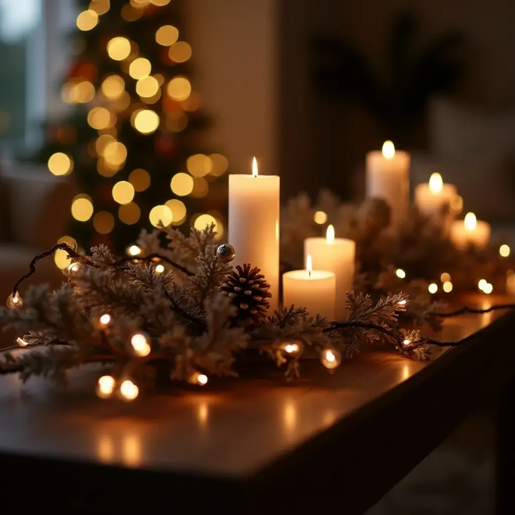 a photo of a festive coffee table setup with holiday decorations and twinkling lights