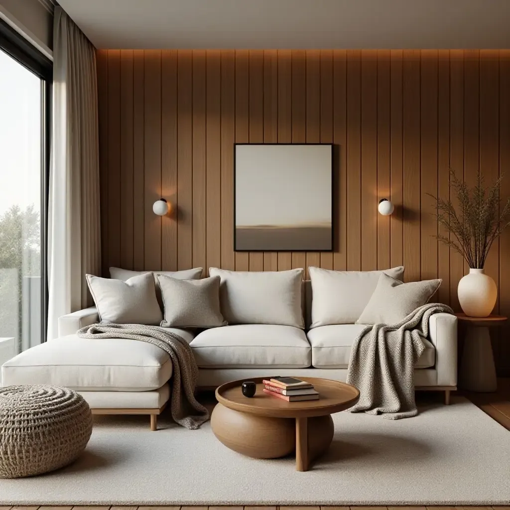 a photo of a contemporary living room with wooden paneling and cozy throws